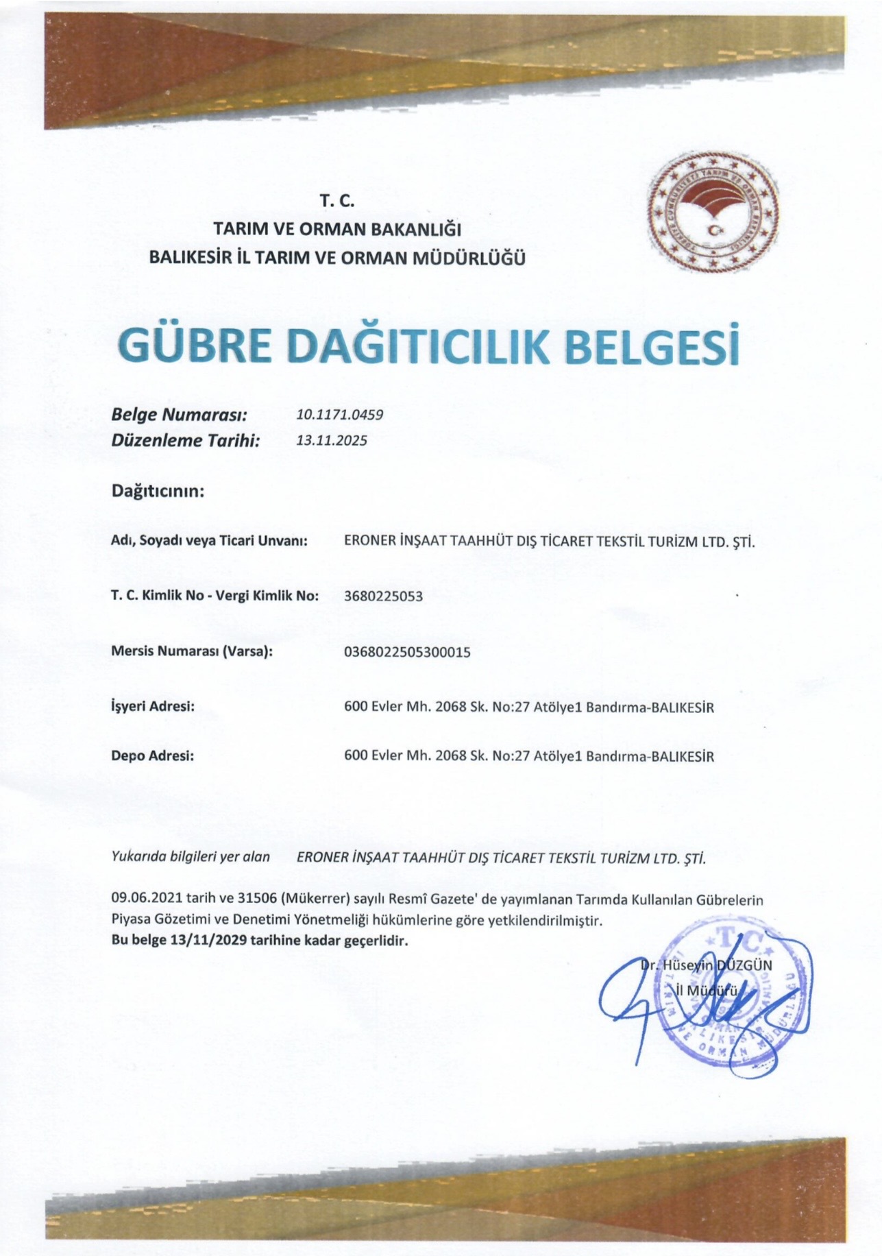 GÜBRE DAĞITICI BELGESİ